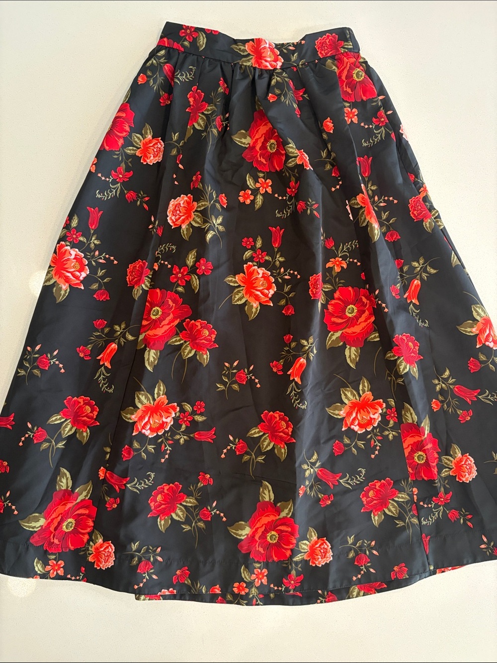 Black Floral Midi Skirt with Red Rose Print